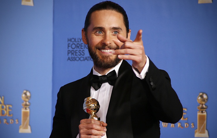 Jared Leto poses backstage with his award for Best Supporting Actor in a Motion Picture for his role in "The Dallas Buyers Club" at the 71st annual Golden Globe Awards in Beverly Hills